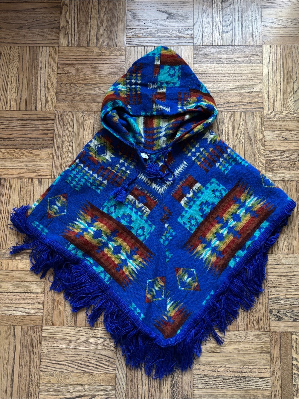 Little Kids Blue Aztec Hooded Poncho with Fringe